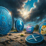 Oversized Bitcoin, Ethereum, Solana, Dogecoin, and XRP coins under dramatic skies, symbolizing the crypto market adding $150 billion in 24 hours and a broad-based rally.