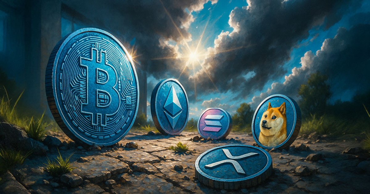 Oversized Bitcoin, Ethereum, Solana, Dogecoin, and XRP coins under dramatic skies, symbolizing the crypto market adding $150 billion in 24 hours and a broad-based rally.