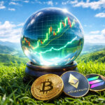 A crystal ball showing a rising crypto chart sits on grass beside Bitcoin, Ethereum, and Solana coins, symbolizing key 2025 crypto predictions and how they played out.