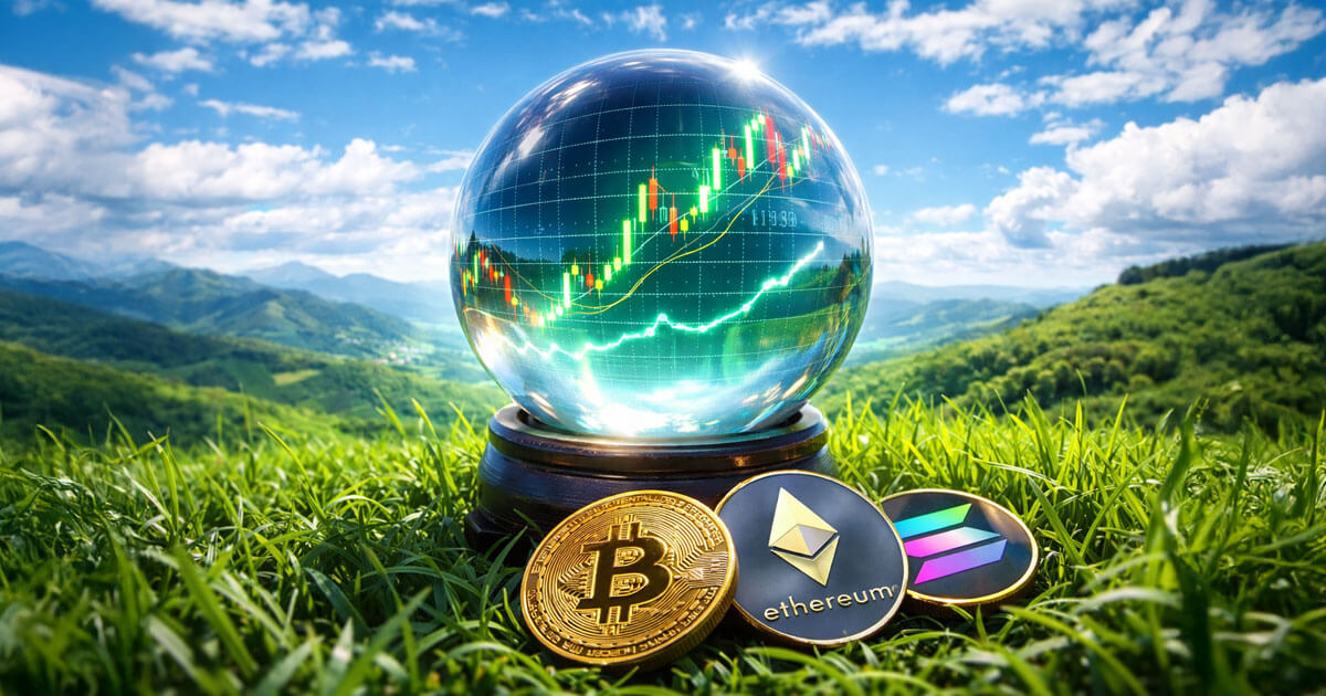 A crystal ball showing a rising crypto chart sits on grass beside Bitcoin, Ethereum, and Solana coins, symbolizing key 2025 crypto predictions and how they played out.