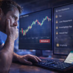 A worried trader studies Bitcoin price charts on multiple screens beside a locked withdrawal panel, reflecting uncertainty over whether crypto momentum has already peaked.