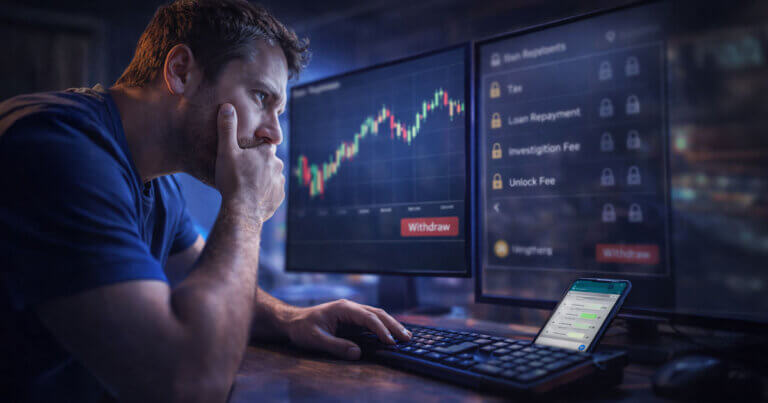 A worried trader studies Bitcoin price charts on multiple screens beside a locked withdrawal panel, reflecting uncertainty over whether crypto momentum has already peaked.