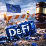 MiCA EUR stablecoins A shattered DeFi block lies beside a judge’s gavel and EU flag at a construction barrier, symbolizing rising regulatory pressure and fears over DeFi’s future in 2026.