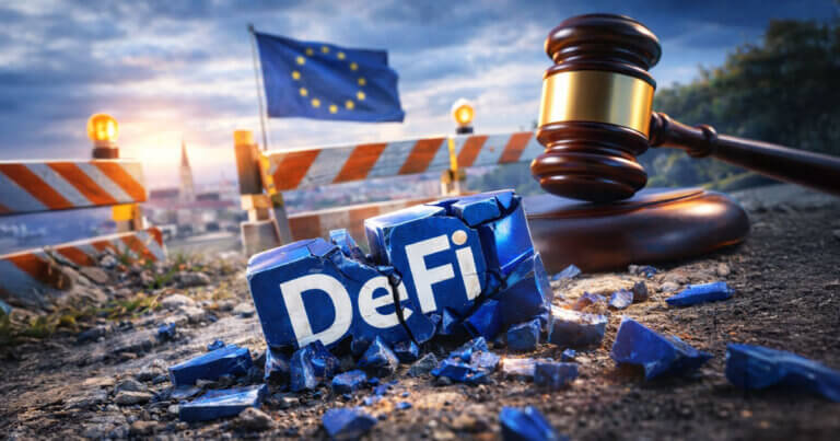 MiCA EUR stablecoins A shattered DeFi block lies beside a judge’s gavel and EU flag at a construction barrier, symbolizing rising regulatory pressure and fears over DeFi’s future in 2026.