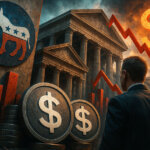 Cinematic illustration of a businessman facing a U.S. Congress-style building, dollar coins, and a red downward chart under a Democratic Party donkey logo, symbolizing how the stablecoin yield debate is stalling U.S. crypto legislation.