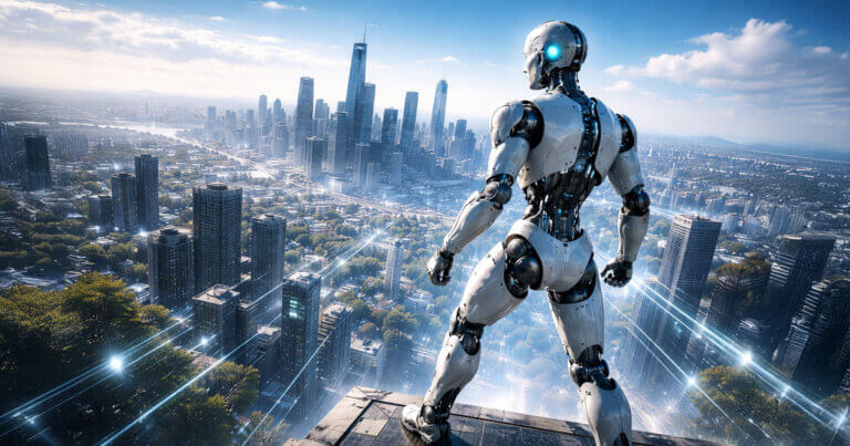 A futuristic humanoid robot stands atop a skyscraper overlooking a sprawling smart city, symbolizing the rise of robotics as the next frontier in decentralized intelligence.