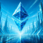 A large crystalline Ethereum logo floats above a futuristic blue cityscape with towering neon-lit structures, illustrating expectations for Ethereum’s next phase after the Fusaka update.