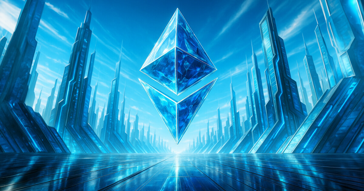 A large crystalline Ethereum logo floats above a futuristic blue cityscape with towering neon-lit structures, illustrating expectations for Ethereum’s next phase after the Fusaka update.