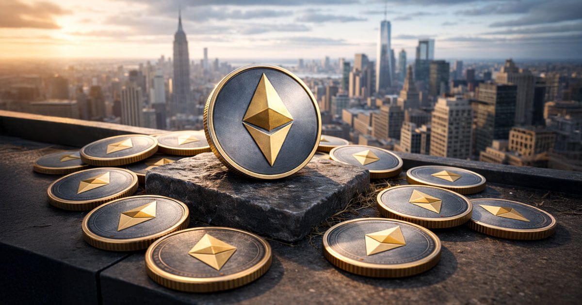 Ethereum coins arranged on a rooftop overlooking a major city skyline highlight rising institutional accumulation as retail interest fades, suggesting a stealth-mode market shift.