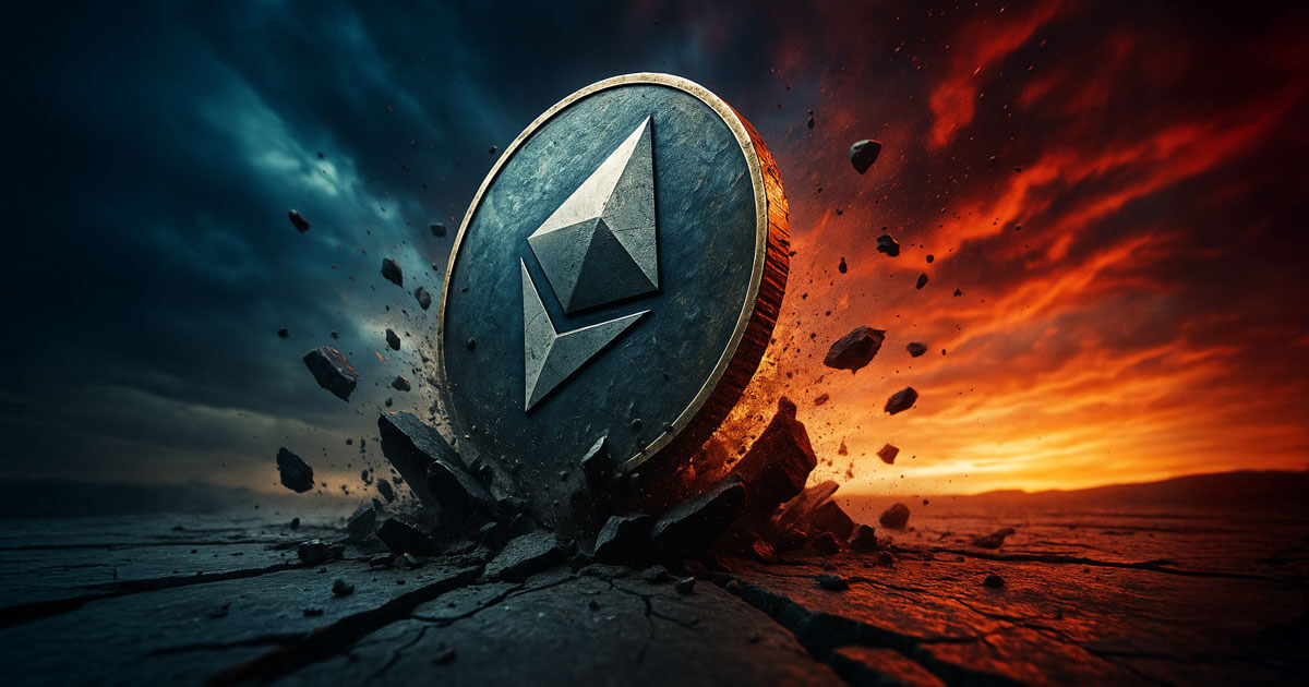 Dramatic Ethereum coin erupting from a cracked desert floor under a split stormy-and-fiery sky, symbolizing looming threats that could make Ethereum irrelevant by 2030.