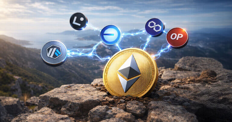 An Ethereum coin surrounded by interconnected layer-2 tokens on a rocky overlook, illustrating how major L2 networks collectively generated $129 million in revenue this year.