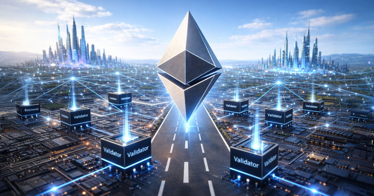 A futuristic Ethereum symbol hovers above a network of validator nodes and ZK-proof connections, illustrating the chain’s ambitious 2026 scaling roadmap.