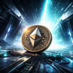 A glowing Ethereum coin stands in a futuristic chamber with bright energy beams, symbolizing the surge in staking demand that pushed the queue to flip from exits for the first time in six months.