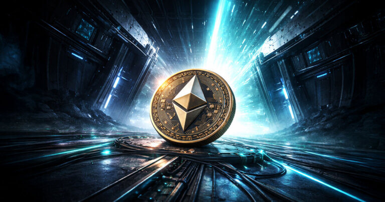 A glowing Ethereum coin stands in a futuristic chamber with bright energy beams, symbolizing the surge in staking demand that pushed the queue to flip from exits for the first time in six months.