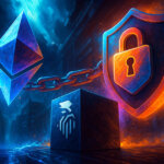 Futuristic illustration of Ethereum chained to a glowing security shield and TEN Protocol cube inside a dark data center, symbolizing how TEN Protocol aims to fix Ethereum’s transparency problem with private “compute in confidence” smart contracts and enhanced on-chain privacy.