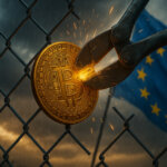 A pair of bolt cutters slices through a Bitcoin coin caught in a chain-link fence as the EU flag waves behind it, symbolizing Europe’s proposed ban on crypto mixers and its potential impact on Bitcoin liquidity.