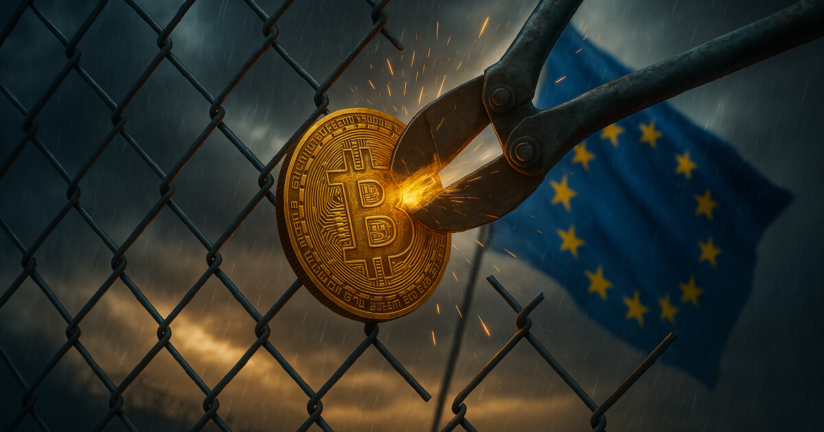 A pair of bolt cutters slices through a Bitcoin coin caught in a chain-link fence as the EU flag waves behind it, symbolizing Europe’s proposed ban on crypto mixers and its potential impact on Bitcoin liquidity.