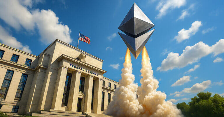 A giant Ethereum logo blasts off like a rocket in front of the U.S. Federal Reserve building under a bright blue sky, symbolizing Ethereum’s bullish trajectory taking flight amid the Fed’s strategic easing.