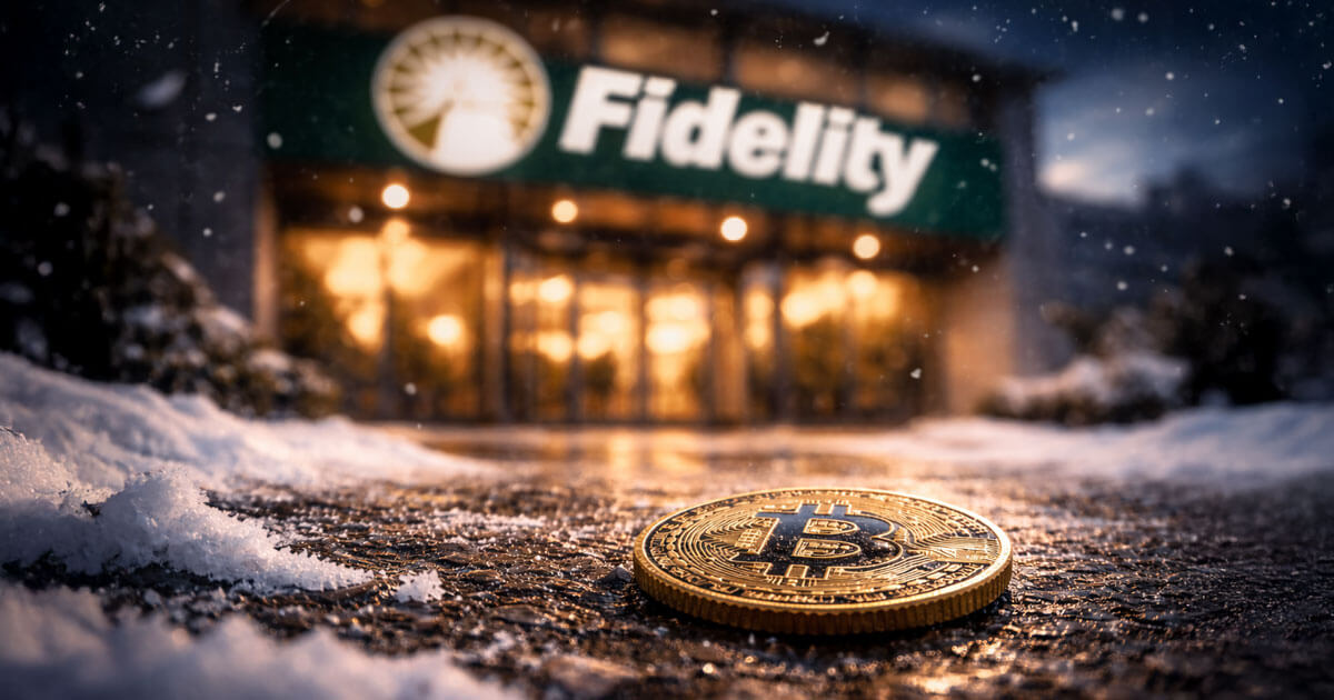 Bitcoin coin on a snowy sidewalk outside Fidelity’s headquarters, reflecting concern over the firm’s chart pattern signaling a potential 2026 off-year and deeper support levels.