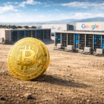 A large Bitcoin coin sits in front of Google-branded data centers in a dry, open landscape, illustrating how Google is helping fund miners shifting operations toward AI.