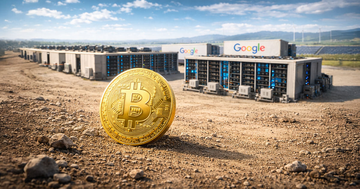 A large Bitcoin coin sits in front of Google-branded data centers in a dry, open landscape, illustrating how Google is helping fund miners shifting operations toward AI.