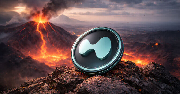 Hyperliquid HYPE token coin engulfed in flames on volcanic rocks with erupting lava in the background, illustrating the plan to burn over $1 billion supply.