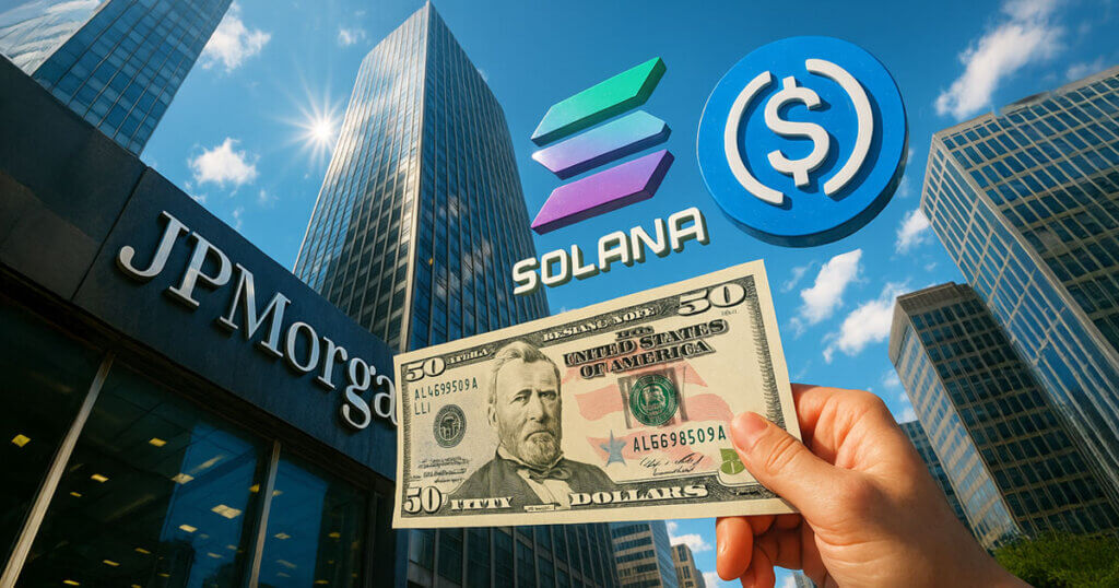 Illustration of JPMorgan’s headquarters skyscrapers with Solana and USDC logos floating above and a hand holding a $50 dollar bill in the foreground, symbolizing questions around whether JPMorgan’s on-chain debt on Solana is real institutional adoption or just narrative-driven hype.