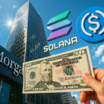 Illustration of JPMorgan’s headquarters skyscrapers with Solana and USDC logos floating above and a hand holding a $50 dollar bill in the foreground, symbolizing questions around whether JPMorgan’s on-chain debt on Solana is real institutional adoption or just narrative-driven hype.