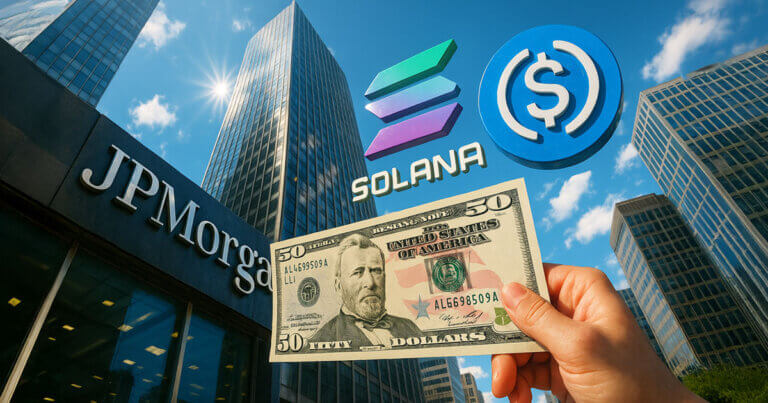 Illustration of JPMorgan’s headquarters skyscrapers with Solana and USDC logos floating above and a hand holding a $50 dollar bill in the foreground, symbolizing questions around whether JPMorgan’s on-chain debt on Solana is real institutional adoption or just narrative-driven hype.