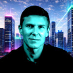 A stylized portrait of XYO co-founder Markus Levin set against a futuristic neon cityscape, highlighting his vision for a data-native Layer-1 as AI’s proof-of-origin backbone.