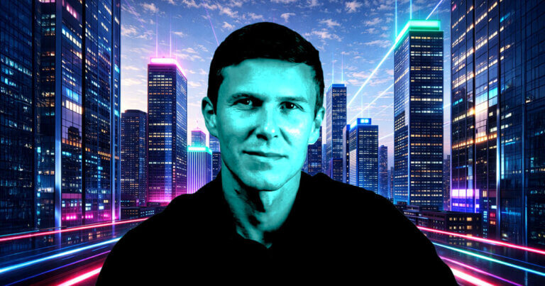 A stylized portrait of XYO co-founder Markus Levin set against a futuristic neon cityscape, highlighting his vision for a data-native Layer-1 as AI’s proof-of-origin backbone.