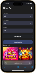 mBit Casino game filters showing drop down menus for providers, categories and themes.