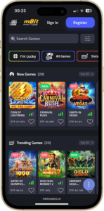 mBit Casino homepage showing game thumbnails, game filters and login and register CTAs at the top.