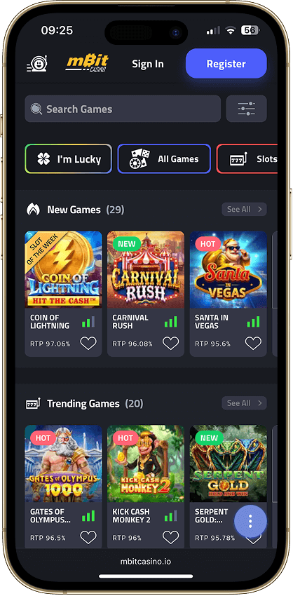 mBit Casino homepage showing game thumbnails, game filters and login and register CTAs at the top.