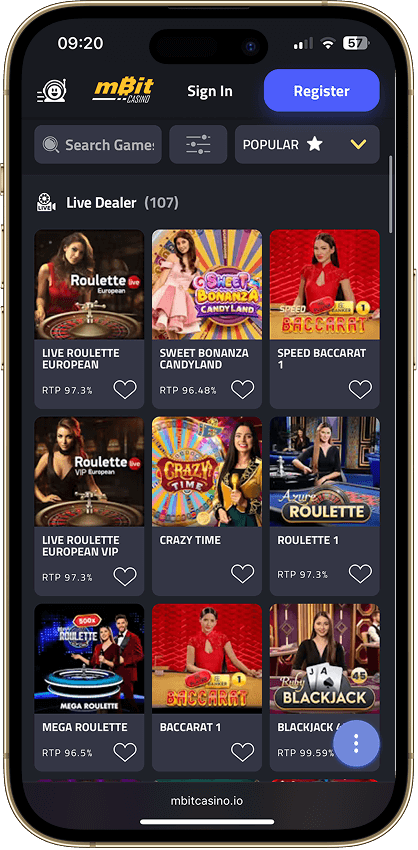 mBit Casino casino lobby showing live dealer games with a filter bar above the game thumbnails.
