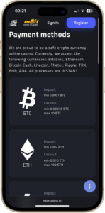 mBit Casino payment methods page showing coins accepted and their respective limits.