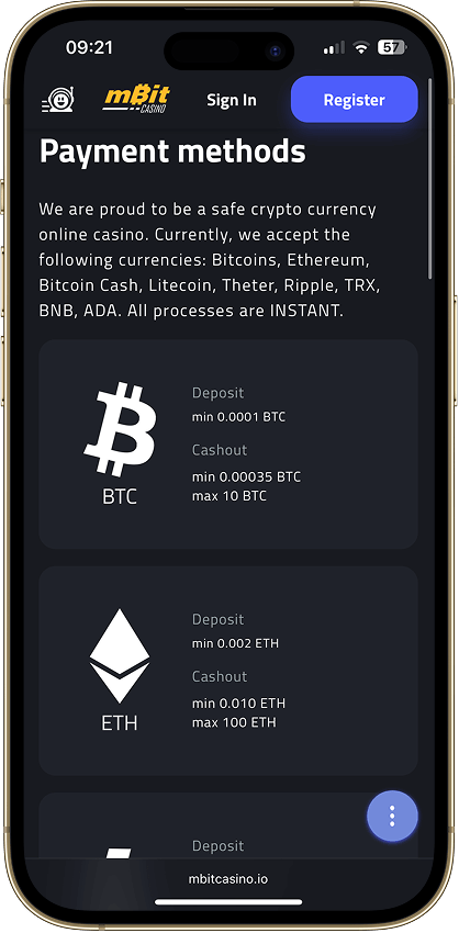 mBit Casino payment methods page showing coins accepted and their respective limits.