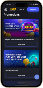 mBit Casino promotions page showing two cards, for the welcome bonus package and the first deposit bonus