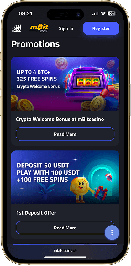 mBit Casino promotions page showing two cards, for the welcome bonus package and the first deposit bonus