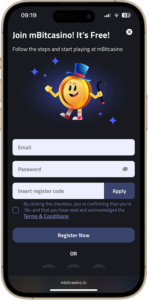 mBit Casino registration form showing email, password and a field for a promo code with a register now CTA