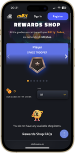 mBit Casino VIP and loyalty rewards page shown on mobile.