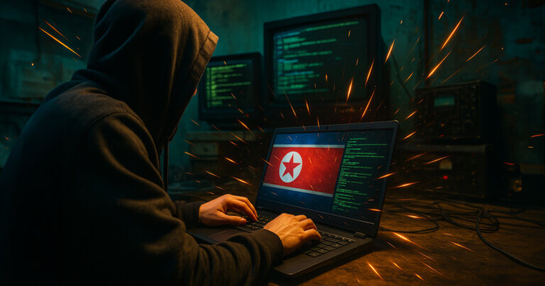 A hooded North Korean hacker works on a laptop displaying the North Korea flag as a tactical police officer approaches from behind in a dark cybercrime hideout filled with glowing code monitors.