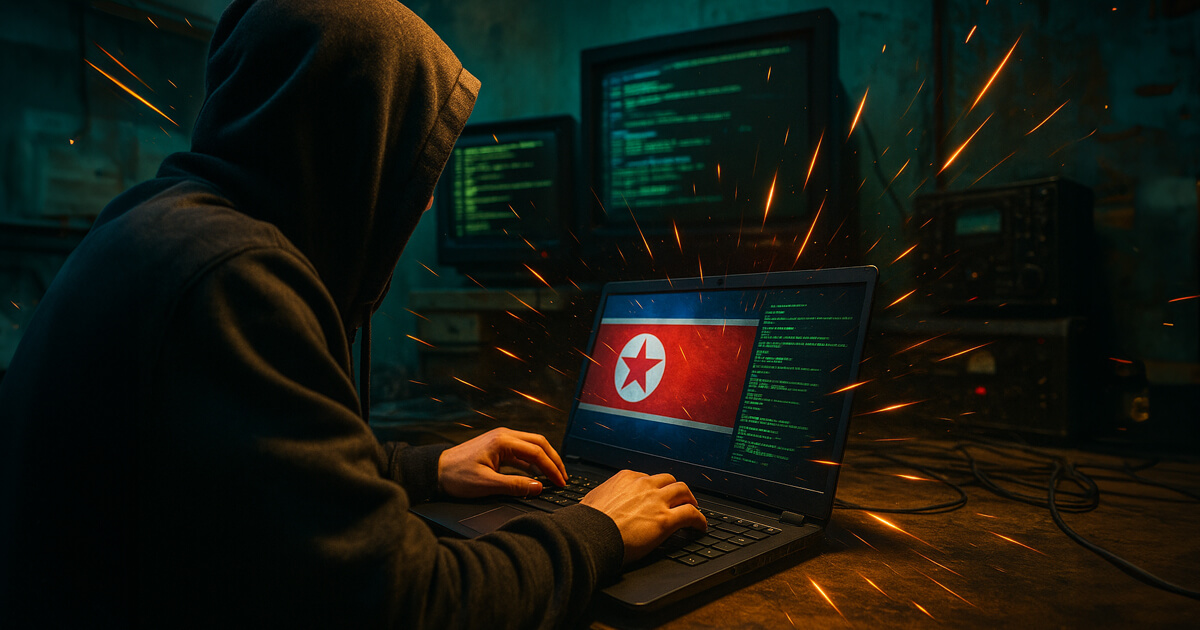 A hooded North Korean hacker works on a laptop displaying the North Korea flag as a tactical police officer approaches from behind in a dark cybercrime hideout filled with glowing code monitors.