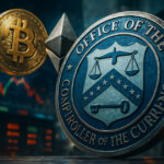 Cinematic image of the Office of the Comptroller of the Currency (OCC) seal with Bitcoin and Ethereum coins in front of a trading screen, symbolizing OCC Letter 1188 allowing banks to broker BTC and ETH trades for customers