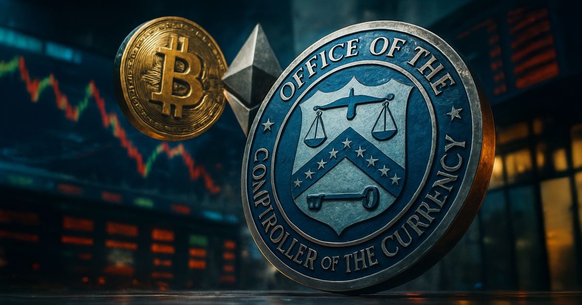 Cinematic image of the Office of the Comptroller of the Currency (OCC) seal with Bitcoin and Ethereum coins in front of a trading screen, symbolizing OCC Letter 1188 allowing banks to broker BTC and ETH trades for customers