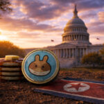 A PancakeSwap token and syrup-covered pancakes sit near a faded North Korean flag outside the U.S. Capitol at sunset, symbolizing Warren’s push to tighten Trump-era crypto rules.