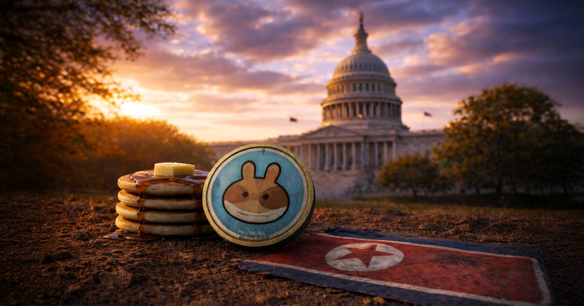 A PancakeSwap token and syrup-covered pancakes sit near a faded North Korean flag outside the U.S. Capitol at sunset, symbolizing Warren’s push to tighten Trump-era crypto rules.