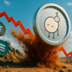 A dramatic scene showing Solana memecoins collapsing as a PIPPIN token surges upward against a falling red price chart, symbolizing why PIPPIN’s rally stands out in Solana’s declining memecoin market