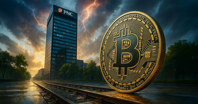 A giant Bitcoin coin on railroad tracks in front of a PNC skyscraper under stormy skies, symbolizing how PNC is building a true banking rail for Bitcoin adoption.