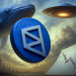 A surreal scene with a whale, Polymarket logo coin, hovering UFO, and plunging chart, illustrating market manipulation accusations after Polymarket resolved a $16M UFO contract without releasing data.